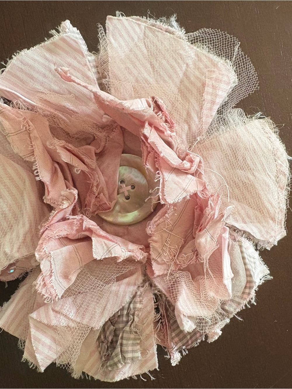 Delicate Pink Fabric Flower Brooch with Button Center